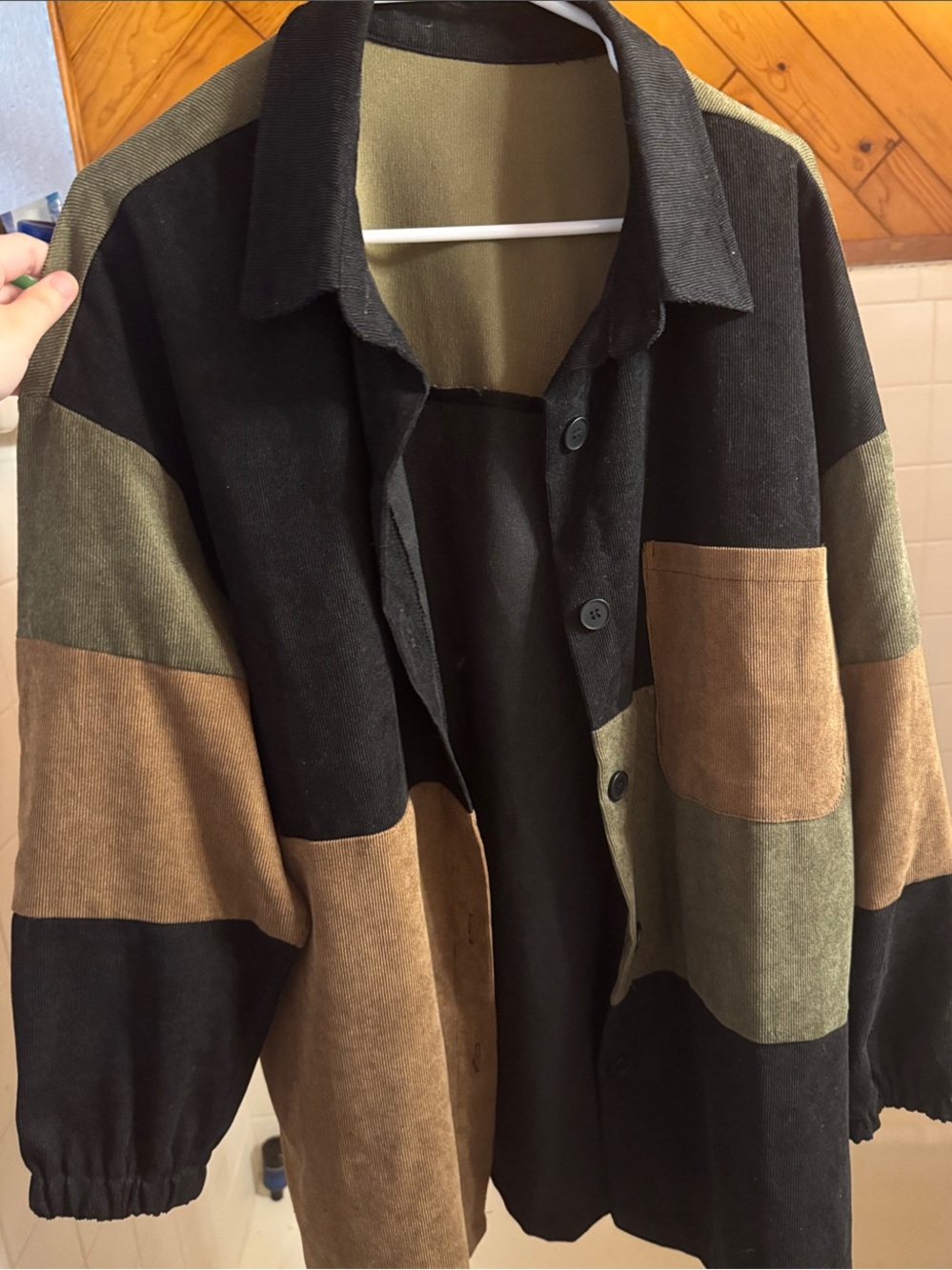 Colorblock Corduroy-Style Lightweight Button-Up Jacket in Black, Olive & Brown